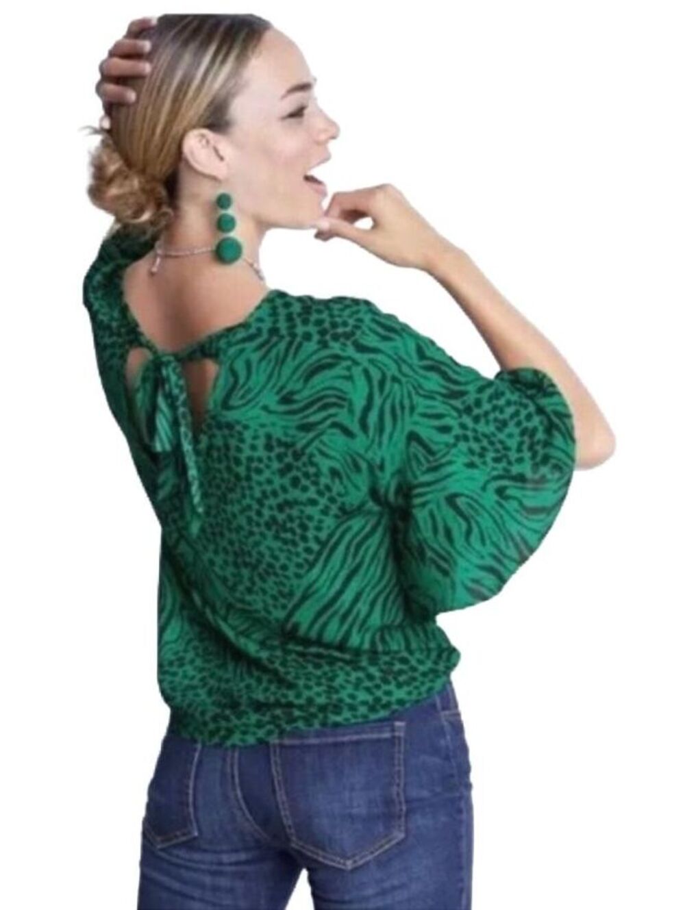 Cabi Purr Blouse Large Green Black Animal Print Flutter Sleeve Open Back